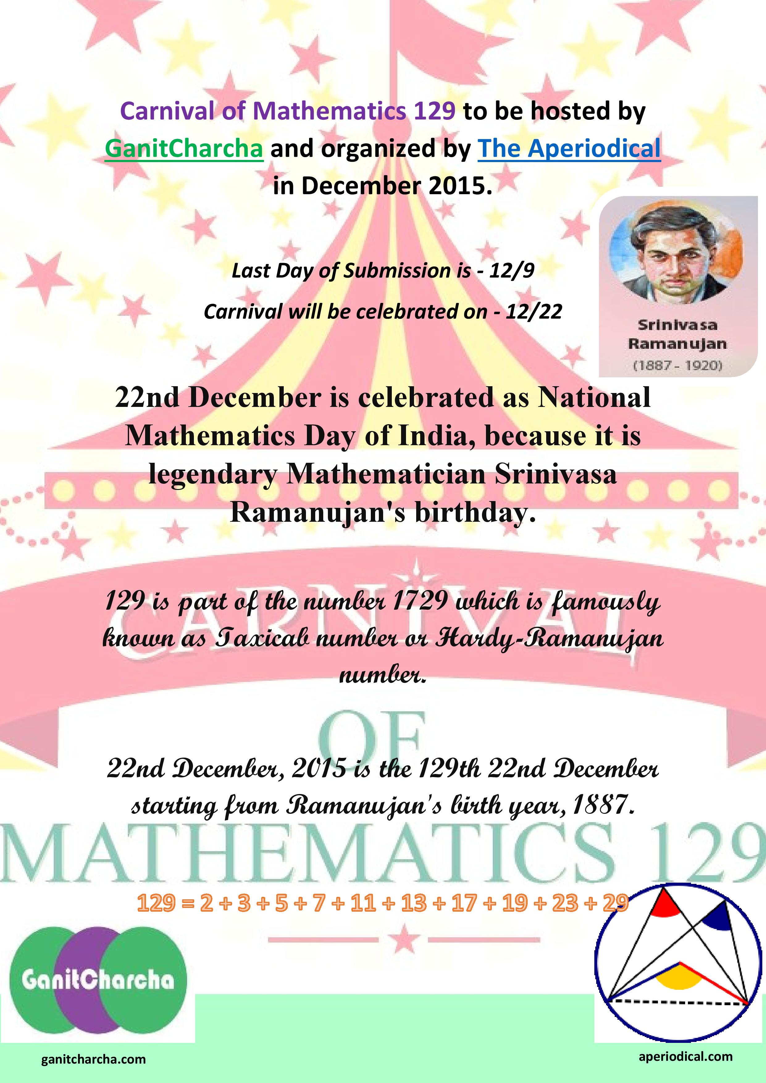 Carnival of Mathematics # 129 on 22nd December 2015